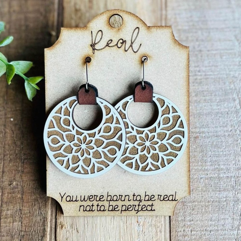 New wood engraved circle mandala boho flower earrings with positive affirmation